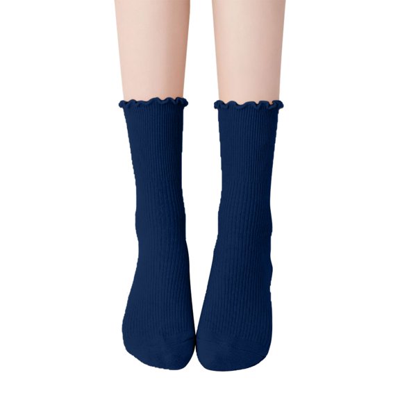 Yuanlong Womens Crew Socks Scalloped Elegant Ribbed Stockings Solid Color Daily Classic Hosiery