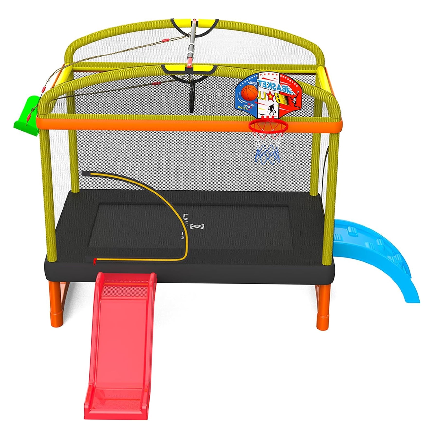 LANGXUN 6.5Ft 7-in-1 Rectangle Trampoline for Kids, with Climb, Slide, Swing, Basketball Hoop, Multi-Functional Indoor Outdoor Baby Toddler Mini Trampoline for Girls and Boys Birthday Gift, Age 1-10
