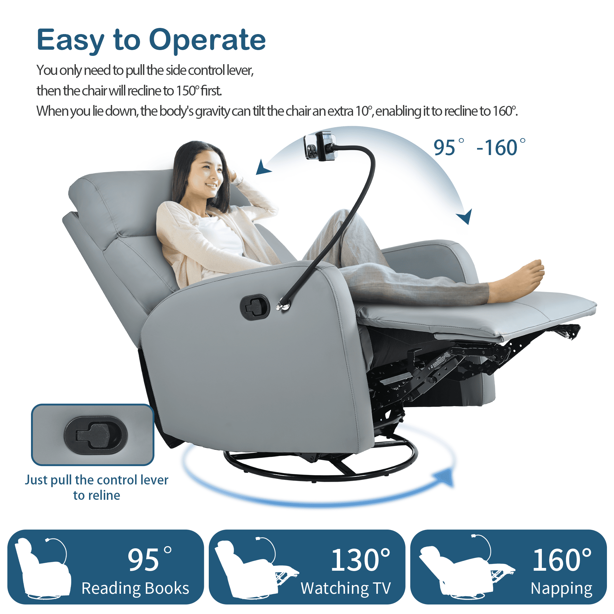 Dinosisco Swivel Recliner with Phone Holder, Faux Leather Glider Rocker, Home Theater Seat, Blue Gray