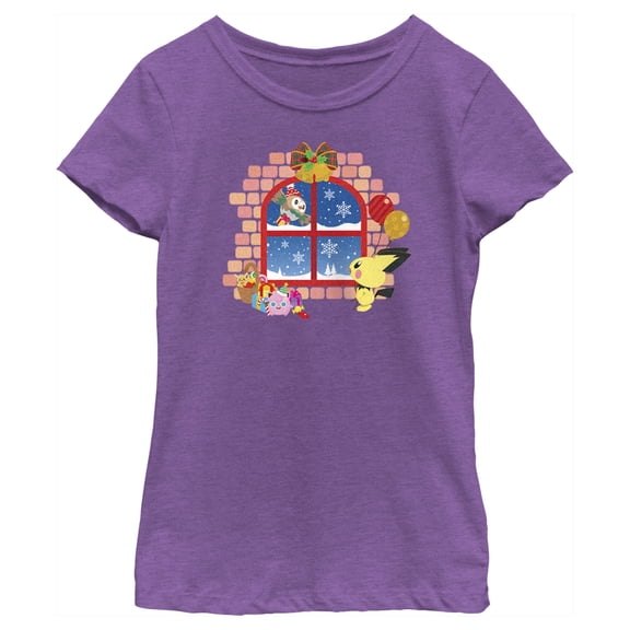 Girl's Pokemon Christmas Window  Graphic Tee Purple Berry Large