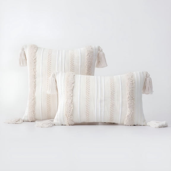 LAMIRO Boho Woven Tufted with Tassel Series Decorative Throw Pillow,18" x 18",Stripe,2 Pack
