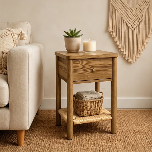 Walnut Ainsley Nightstand Side End Table, Woven Jute Storage Shelf & Drawer for Bedroom Living Room