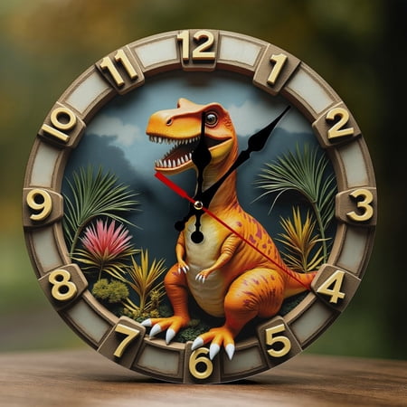 Wall Clock Decorative - Cartoon Dinosaur Print 2D Vintage Wall Clocks Battery Operated Silent Non-Ticking for Bedroom, Living Room, Kitchen, Office, Classroom, 10 Inch