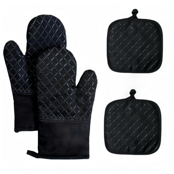 Oven Mitts and Pot Holders 4 pcs Set,High Heat Resistant 500 Degree Extra Thicken Long Kitchen Cotton Oven Glove for Cooking (12 Inch,Black))