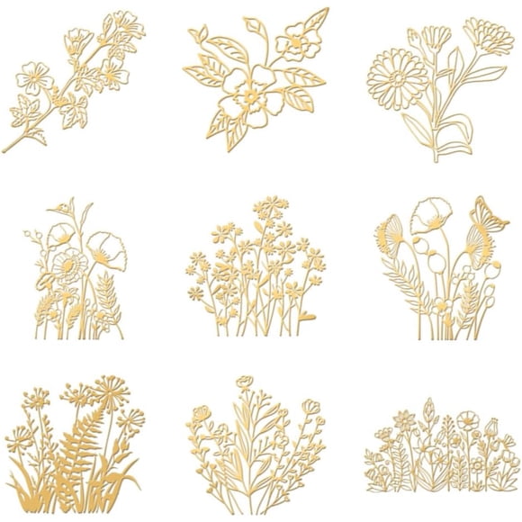 OLYCRAFT 9pcs 1.6x1.6 Inch Wildflower Stickers - Sunflower and Cherry Blossom Self-Adhesive Gold Metal Stickers for Scrapbooks, DIY Resin Crafts, Phone, Water Bottle Decor