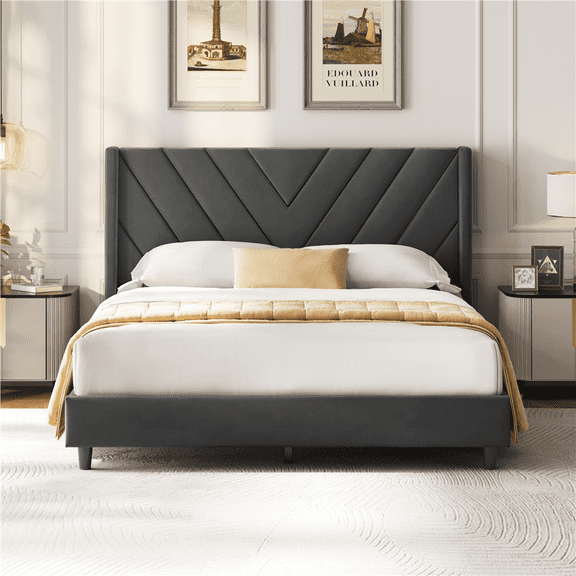 Yaheetech Upholstered Platform Bed with Tufted Headboard, Queen, Dark Gray