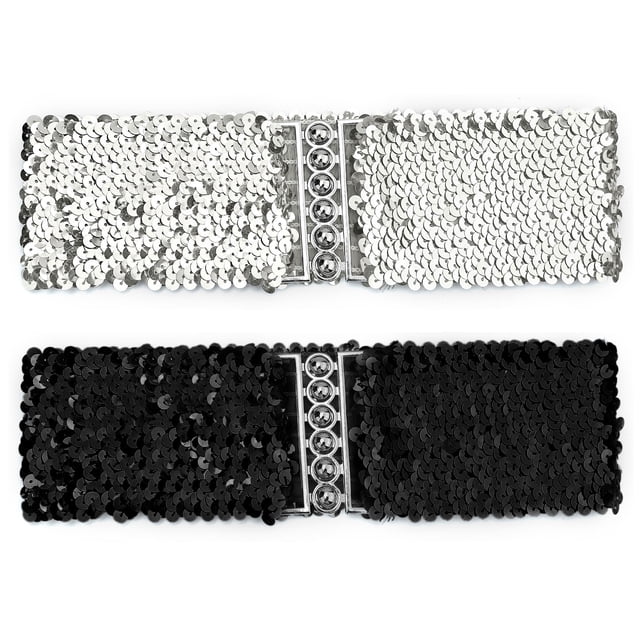 Señoras Lentejuelas Decoración Metal Hebillas Interlooking Cinturón Elástico Negro y plata Fit Waist Girth:19.68/50cm to 29.52/75cm