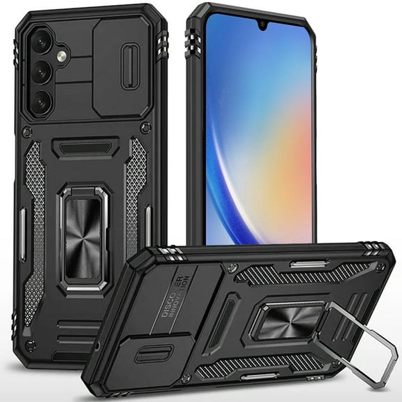 Military Grade Ring Holder Case with Camera Lens Cover for Samsung Galaxy A15 5G - Black