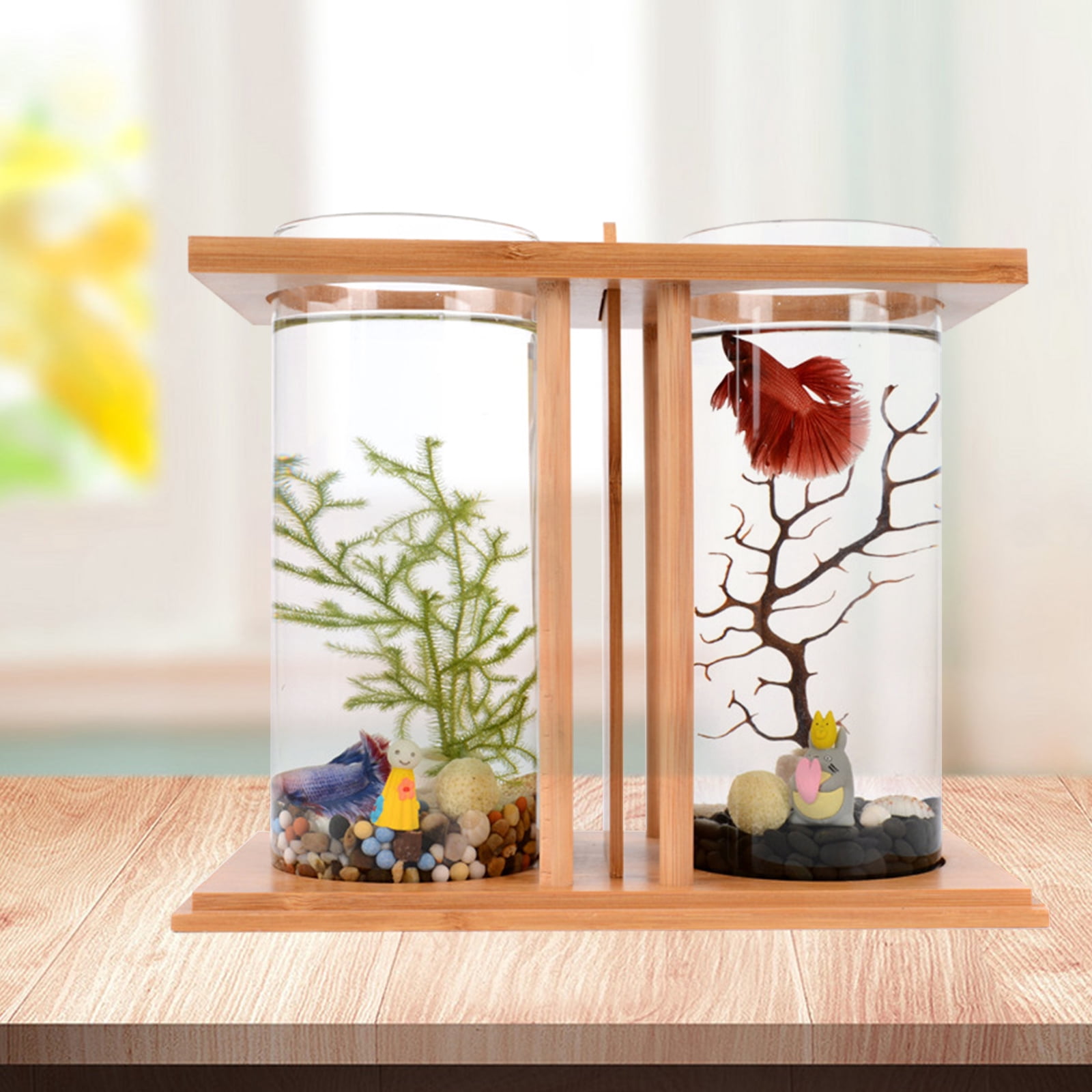 LED White Desktop Mini Fish Tank Tabletop Desktop Fish Tank Bamboo Glass Acrylic for Goldfish Betta Fish