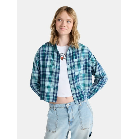 Netflix Stranger Things Cotton Cropped Flannel from No Boundaries, Women’s & Women’s Plus