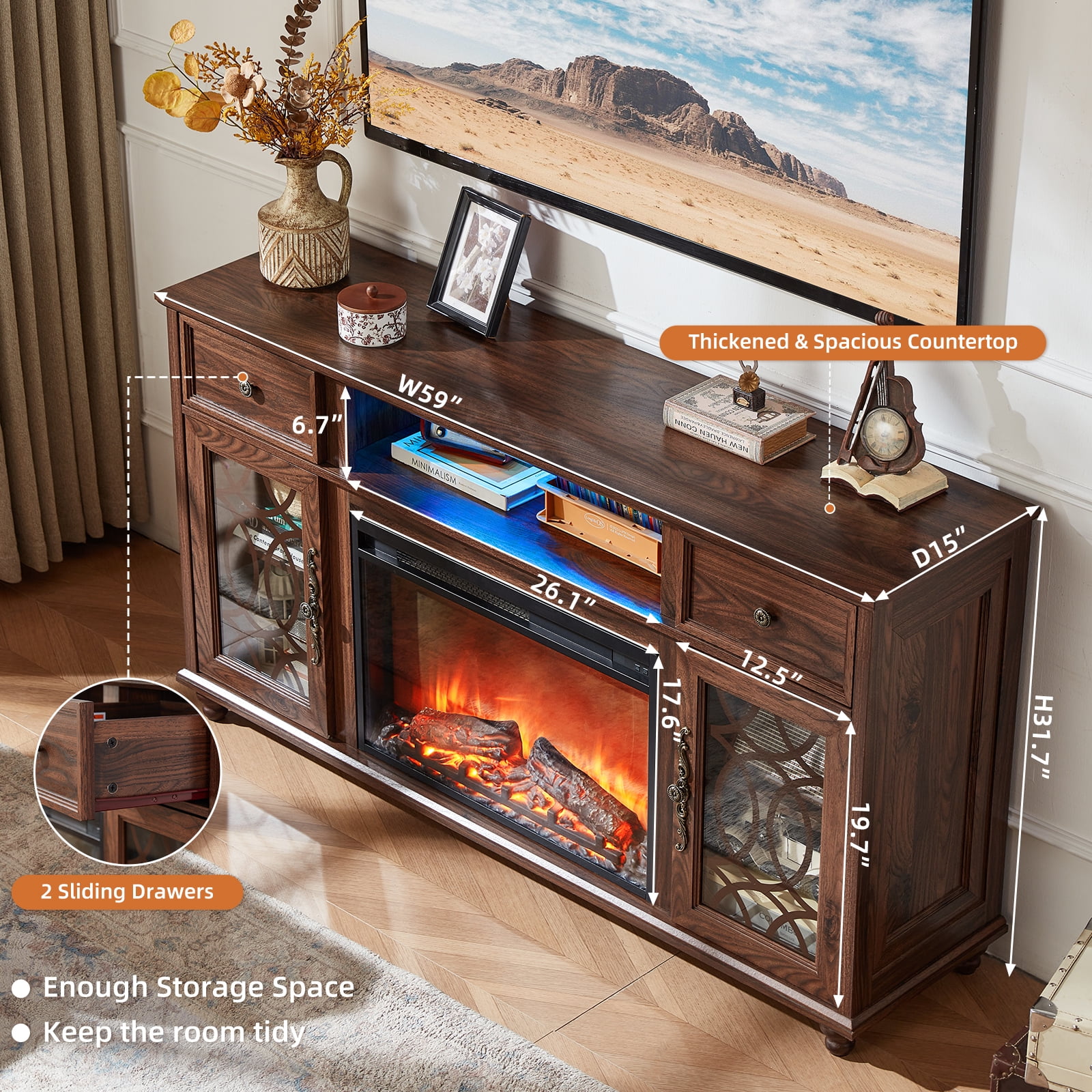 59 inch Fireplace TV Stand with 26.1" Electric Fireplace, High Gloss Entertainment Center for TVs up to 65 inch with LED Lights & Storage Cabinets, Brown