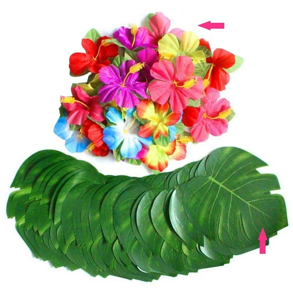 Tropical Flower Party Decorations 30Pcs Leaves 24Pcs Flowers Assorted Color For Luau Party