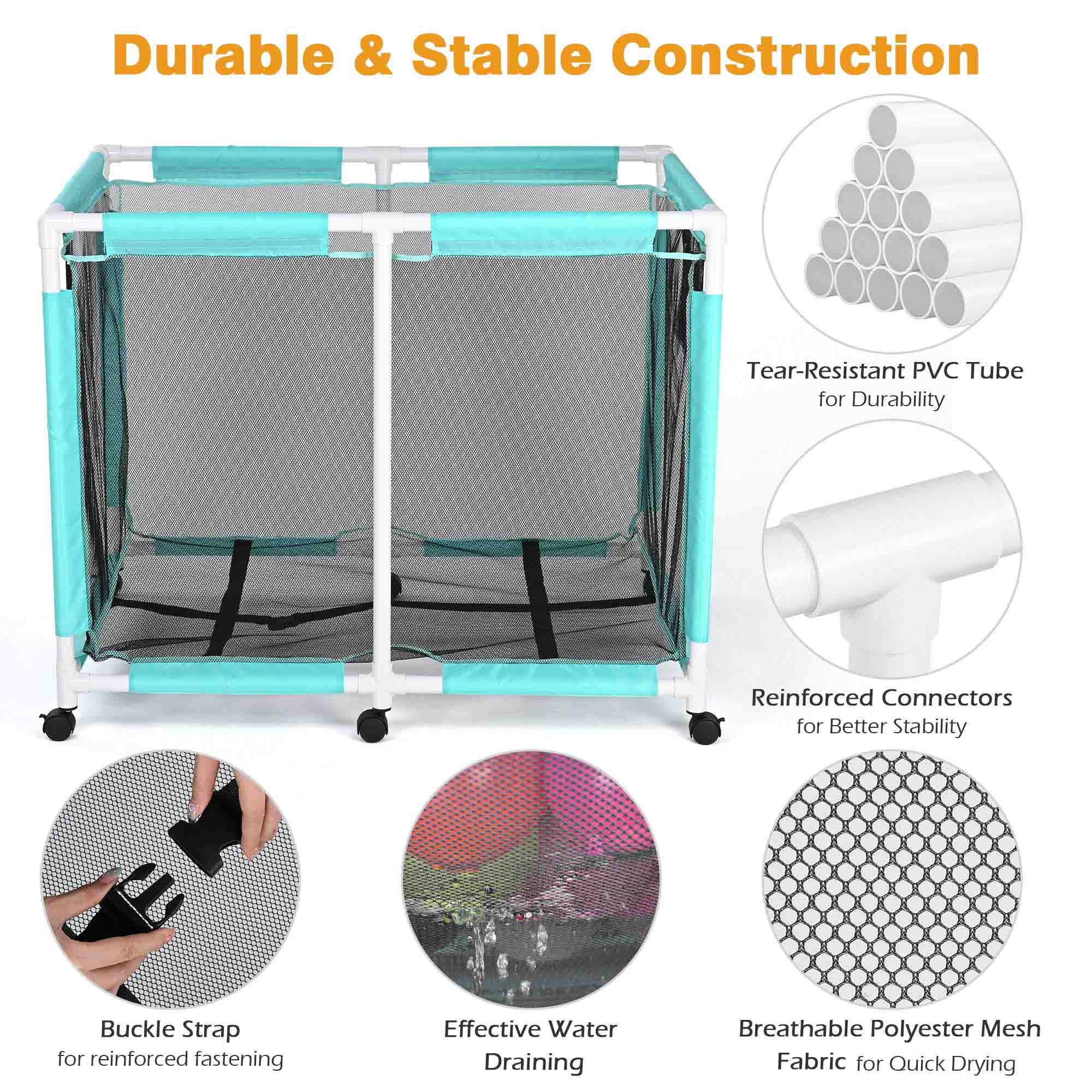 Yescom 48" Heavy-Duty Rolling Pool Toy Storage Bin – Reinforced Metal Frame Mesh Cart with 10-Wheel Stability, Side Pockets, and Breathable Quick-Dry Fabric in Blue