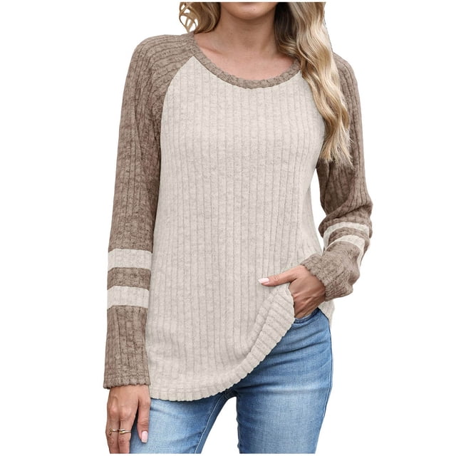 Enjoytime Hauts pour Femmes Patchwork Col Rond Manches Longues Chemises Habillées Décontractées Blouses de Bureau Automne Tendance Amples Vêtements d'Hiver Kaki TTG