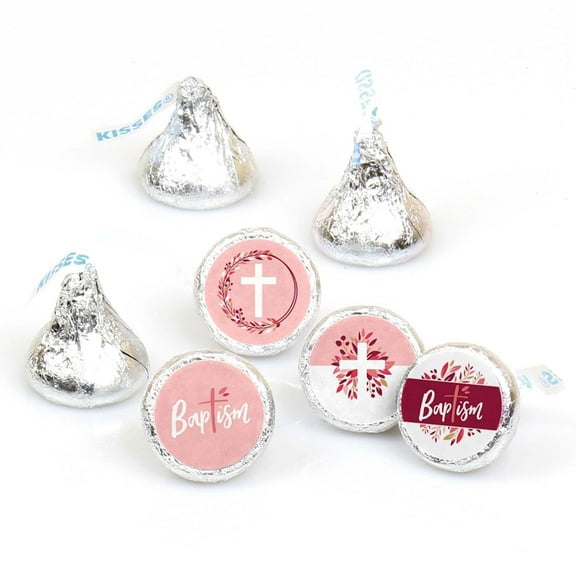 Big Dot of Happiness Baptism Pink Elegant Cross - Girl Religious Party Round Candy Sticker Favors - Labels Fits Chocolate Candy (1 sheet of 108)