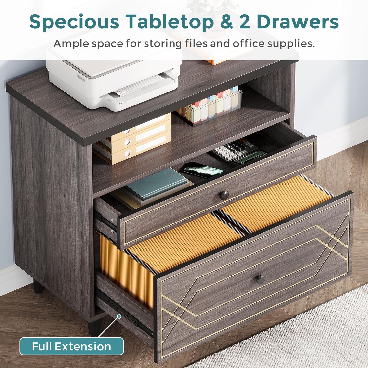 Condemo Lateral File Cabinet, 2 Drawer Filing Cabinet for Letter Size File, Modern Office Storage Cabinet Printer Stand for Home Office, Gray Brown