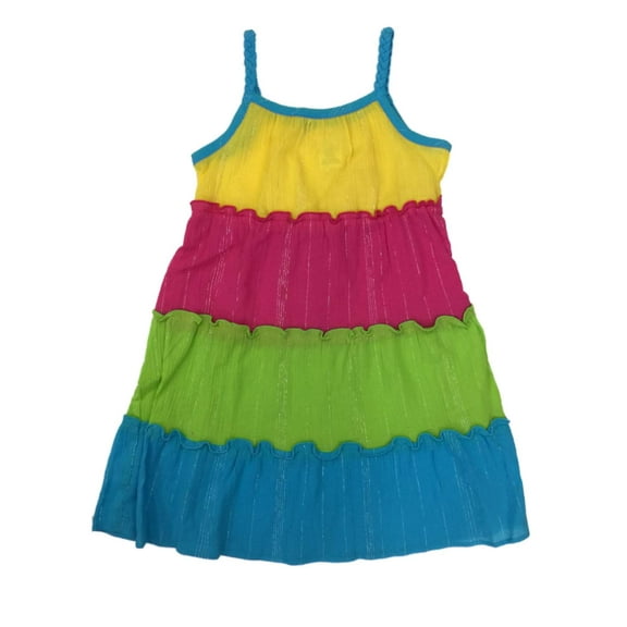 Toddler Girls Flowy Pink & Green Rainbow Ruffle Sun Dress Sundress 3T