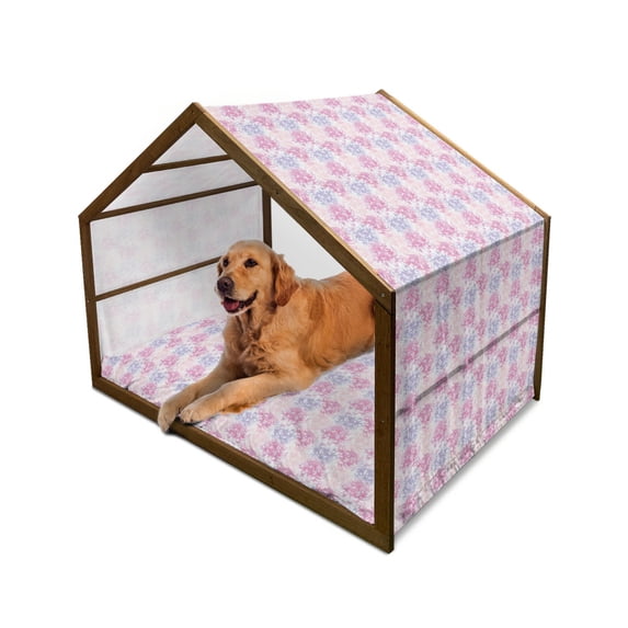 Flowers Pet House, Romantic Floral Design Chrysanthemum Blossoms Leaves Abstract Print Art, Outdoor & Indoor Portable Dog Kennel with Pillow and Cover, 5 Sizes, Pink and White, by Ambesonne