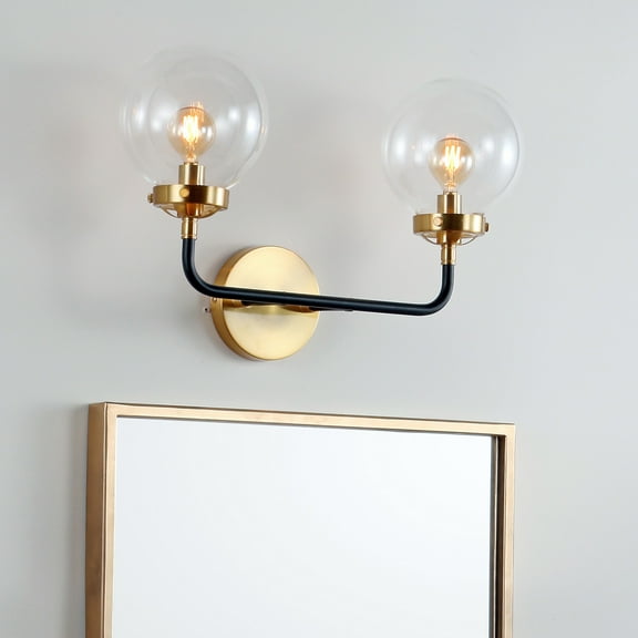 JONATHAN Y Caleb 18" 2-Light Contemporary Transitional Iron/Glass LED Vanity Light, Brass Gold/Black