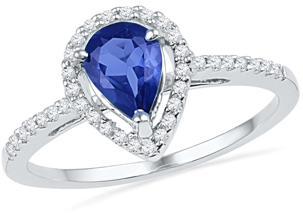 Size - 5.5 - Solid 10k White Gold Pear Round Blue Simulated Sapphire ...