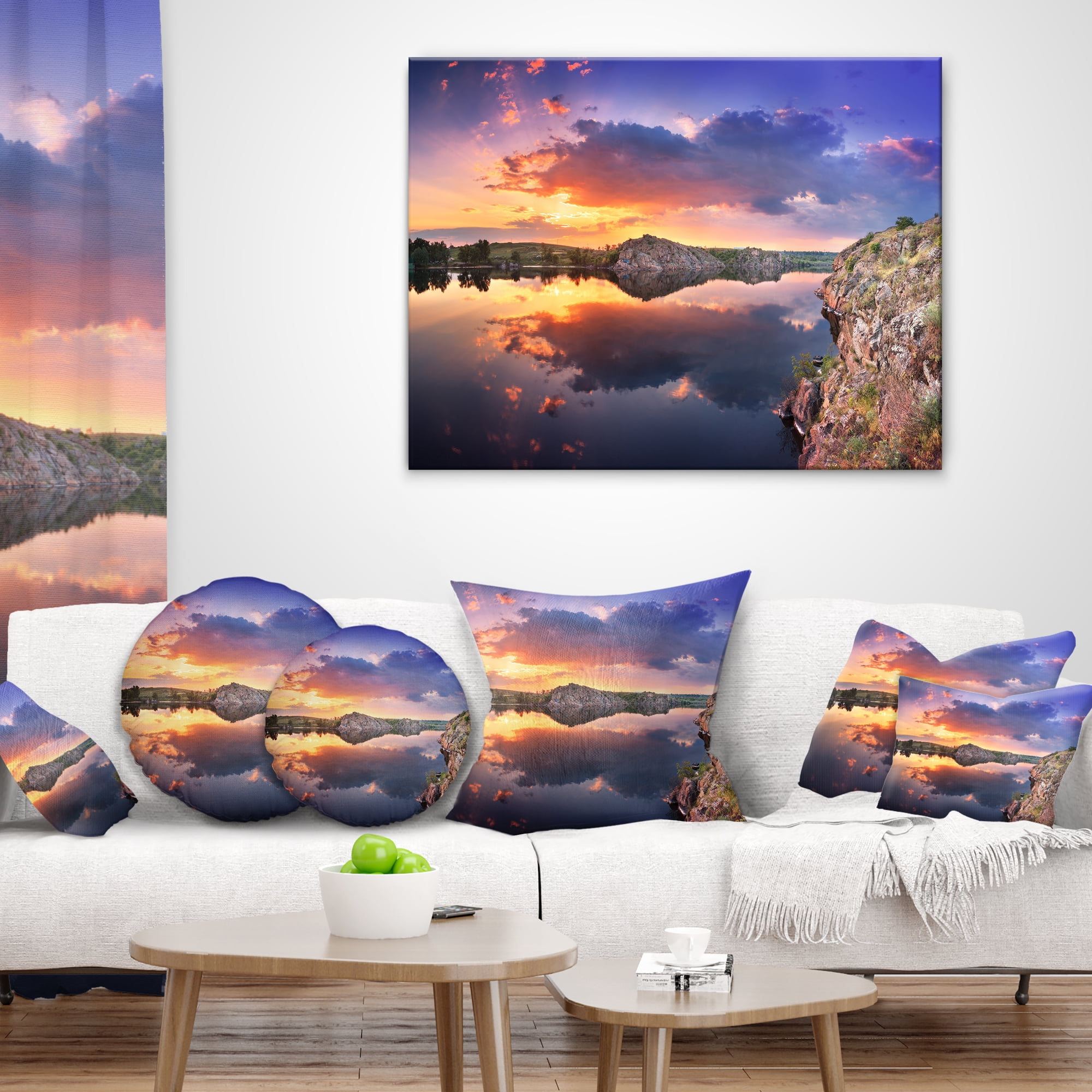 Designart Sunset at River with Large Clouds - Landscape Photography Throw Pillow - 18x18