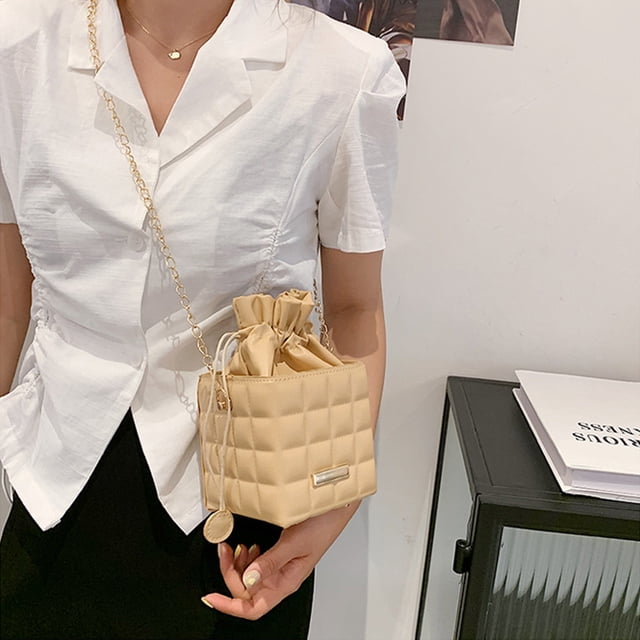 Sales Fashion Women Leather Checker Pattern Drawstring Chain Shoulder Crossbody Messenger Bag Casual Ladies Solid Color Small Handbags Purse Computer & Office Electronics