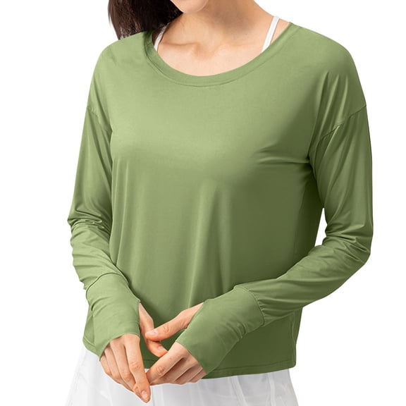 fatyb Womens Sun Protection Shirts Long Sleeve Crop T Shirts Crewneck Loose Lightweight Workout Tees