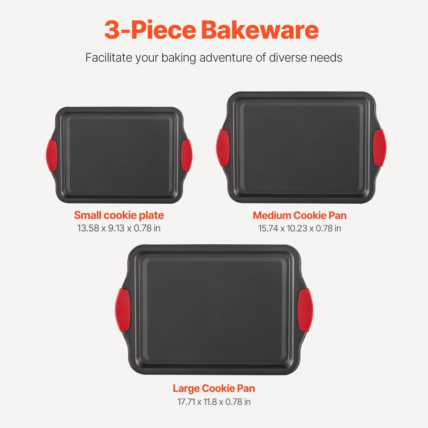 Baking Pan Set 3-Piece Square Carbon Steel Nonstick 450°F Heat Resistance Stackable for Cookies Cakes Roasts
