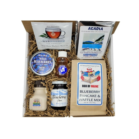 Maine Breakfast Box - 7 piece Gift Pack ( Pure Maple Syrup, Organic Honey, Wild Blueberry Jam, Bar Harbor Tea, Acadia Coffee, Canned Blueberries and Blueberry Pancake Mix)