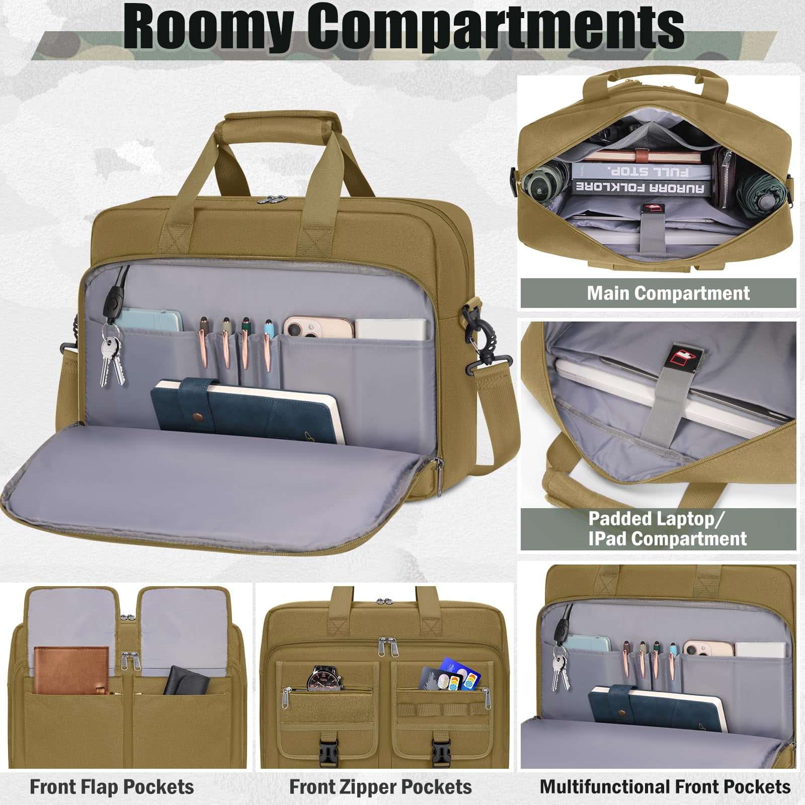 RAINSMORE 15.6 Inch Laptop Bag for Men Messenger Bag Business Laptop Briefcase with MOLLE System Large Travel,Khaki