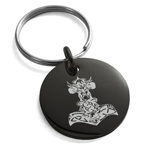 Stainless Steel Asgard Mjolnir Thor's Hammer Viking Norse Engraved Small Medallion Circle Charm Keychain Keyring