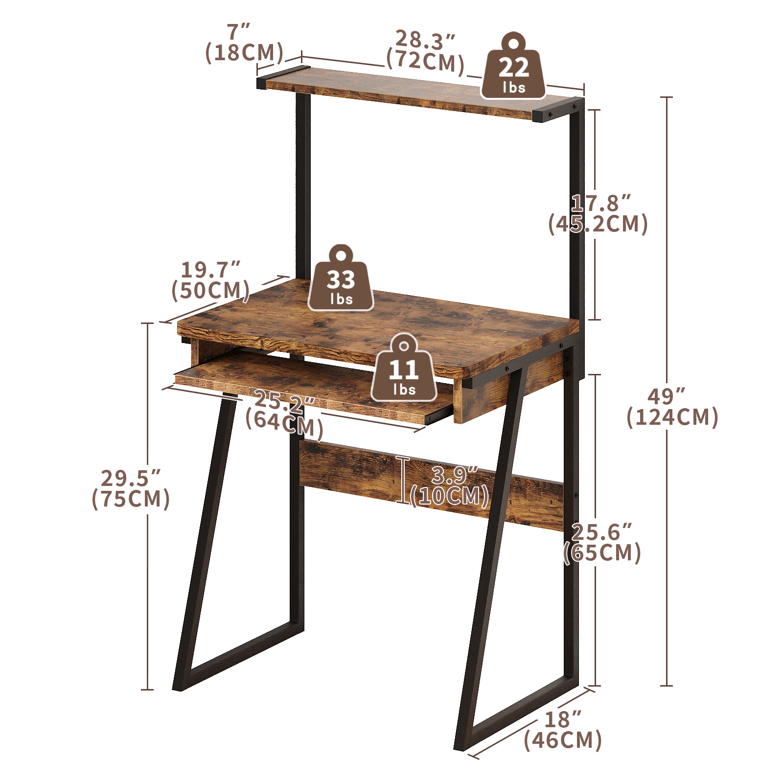 MIN EN WIN 2 Tiers Small Computer Desk for Small Space, Compact Laptop Table Workstation with Keyboard Tray, Study PC Table for Home Office, Brown