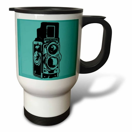 3dRose Picture of a Vintage Twin Lens reflex TLR camera on cyan, Travel Mug, 14oz, Stainless Steel