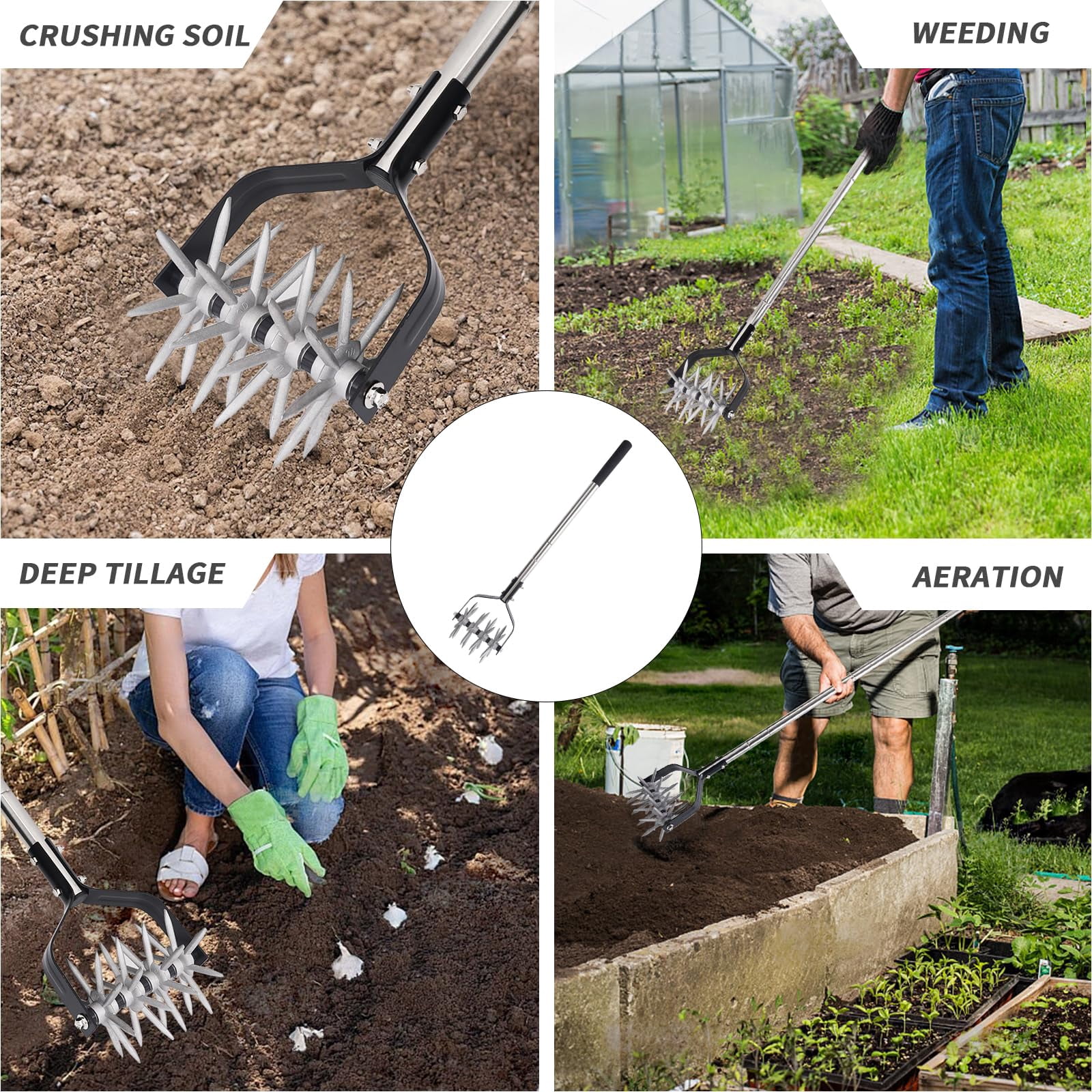 Rotary Cultivator Garden Tool  Adjustable Hand Tiller Long Handle For Aerating Planting And Mixing Soil Or Reseeding Grass