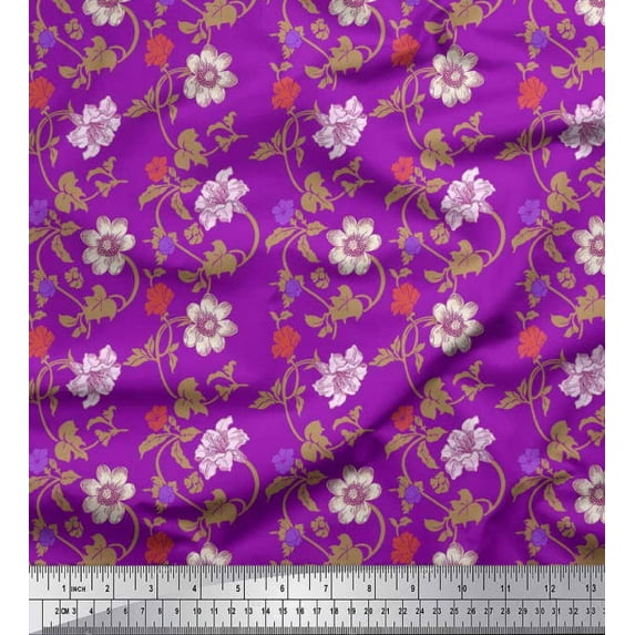 Soimoi Cotton Voile Fabric Leaves & Lily Floral Print Fabric by The Yard 42 Inch Wide