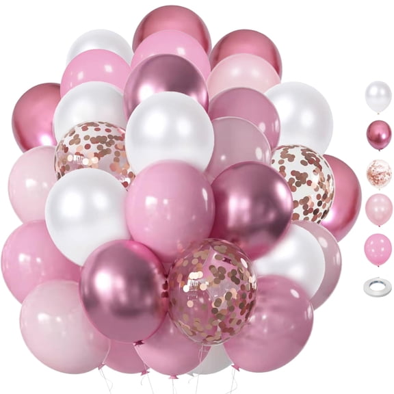 Pink White Balloons, 60pcs 12 inch Pink White Rose Gold Confetti Balloons Kit, Pink White Metallic Rose Latex Balloons for Birthday, Wedding, Graduation Party Decorations