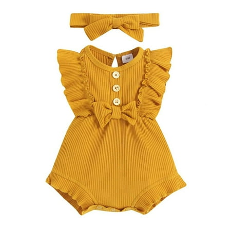

Clearance!Baby Girl Clothes 2Pcs Summer Solid Infant Girls Bodysuit +Headband Ruffled Sleeveless Jumpsuit For Newborns 0-18 Months