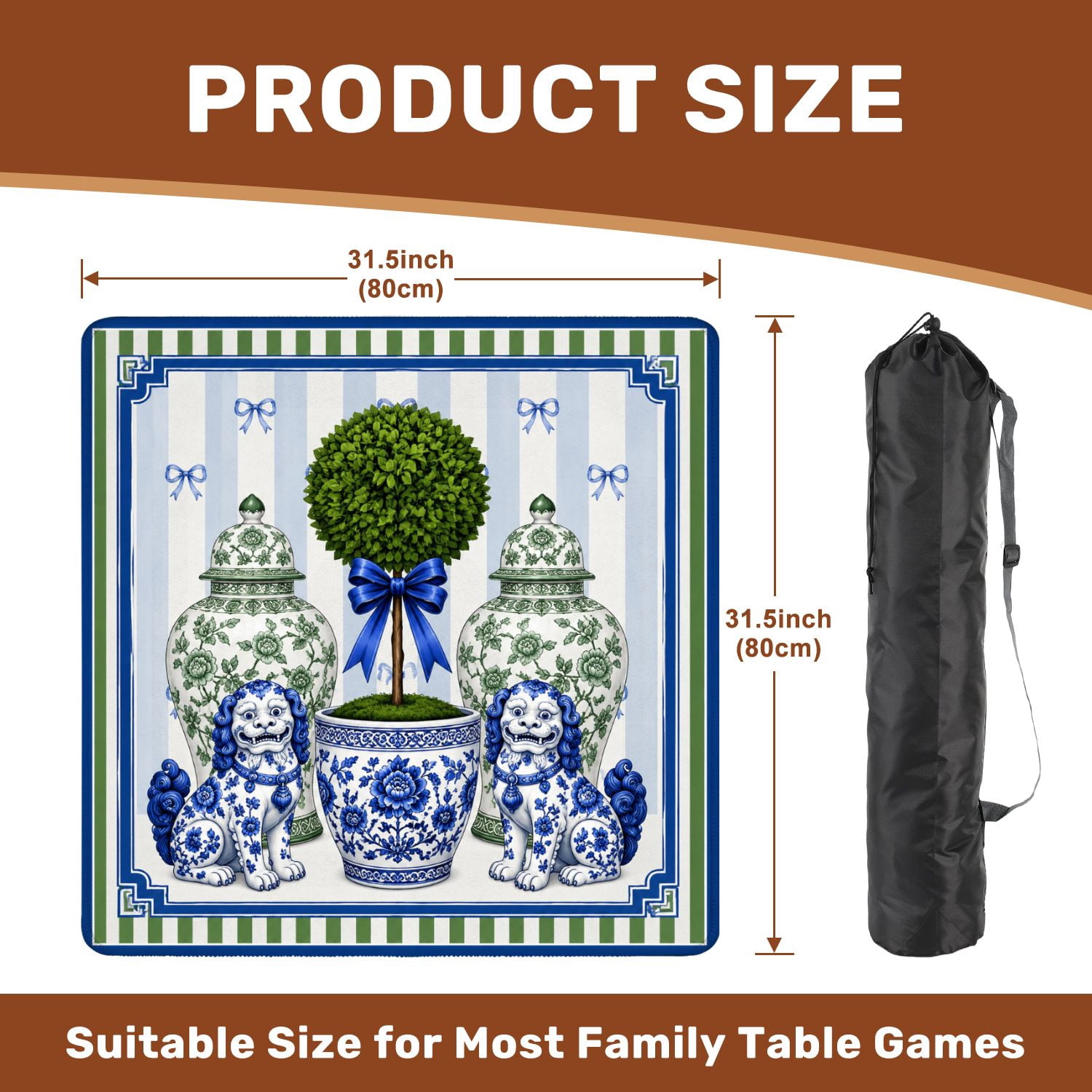 Mahjong Mat 31.5" x 31.5" Blue Green Floral Design Topiary Trees Dog Motif Elegant Frame Non-Slip Noise Reduction Chic Portable Gaming Table Cover for Family Game Night & Gift