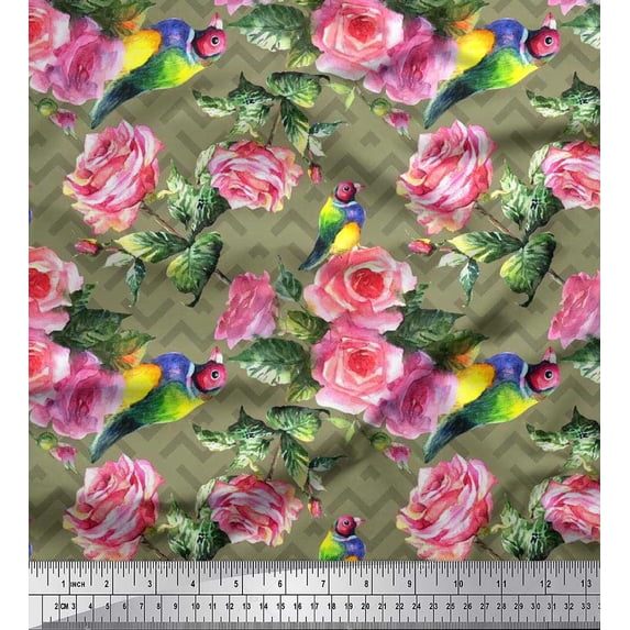 Soimoi Velvet Fabric Bird,Leaves & Rose Floral Print Fabric by the Yard 58 Inch Wide