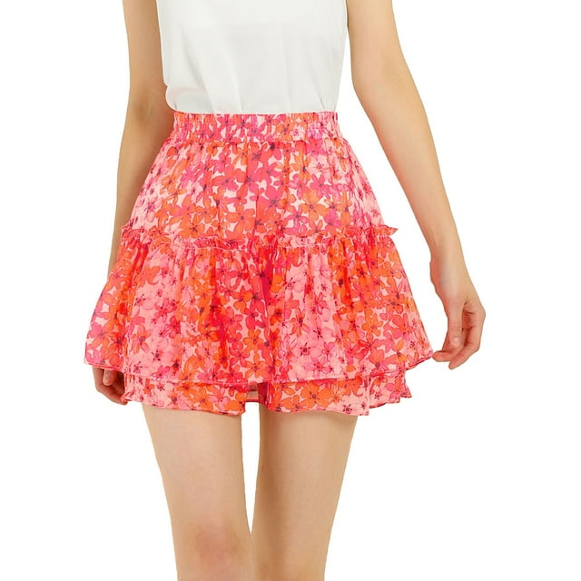 Unique Bargains Women's Floral Elastic High Waist A-Line Mini Short Skirts