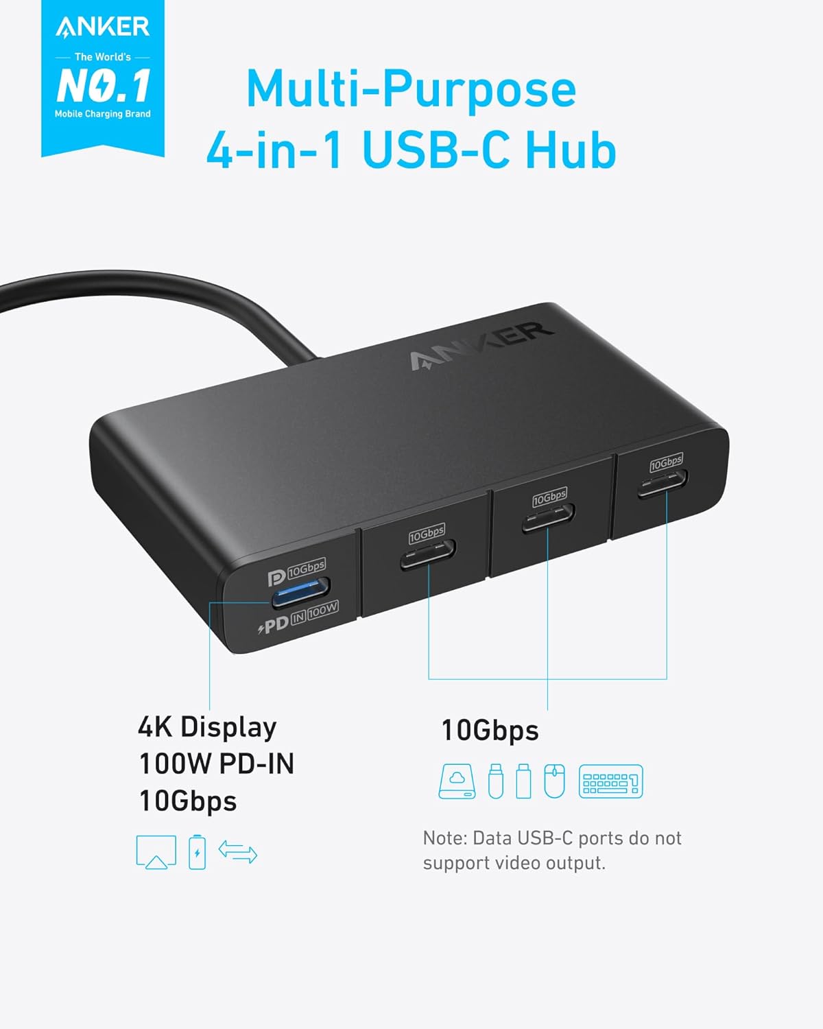 Anker USB-C Hub, USBC to 4-Port USBC Adapter, Multiport USB C Splitter, USB 3.2 Display Hub with 100W Max PD & Max 10Gbps Fast Data Transfer