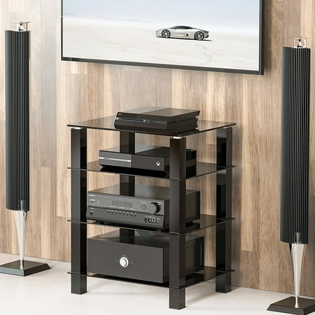 FITUEYES Black AV Shelf Media Component Stand Audio Cabinet with Glass Shelf