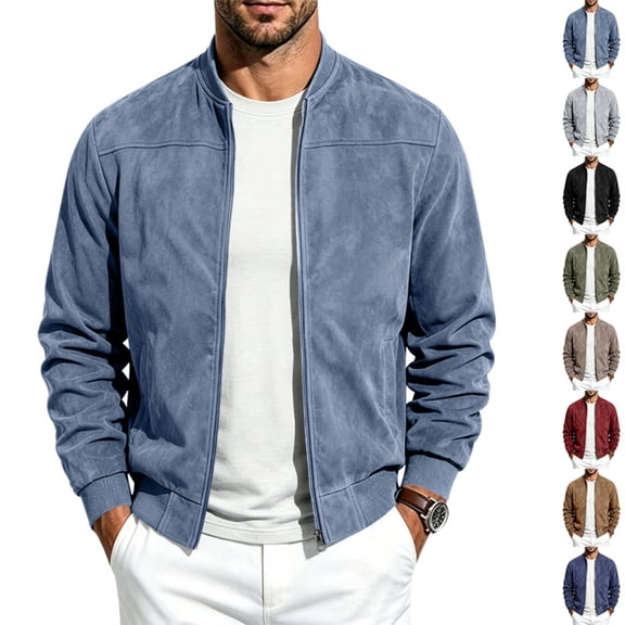 FRSASU Men's Suede Bomber Jacket Zip‑Up Stand Collar Long Sleeve Casual Lightweight Outerwear with Side Pockets Red