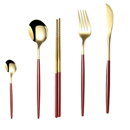 

bangyoudaoo 5PCS Tableware Set Ins Tableware Western Hotel Fork Spoon Chopsticks Set Red