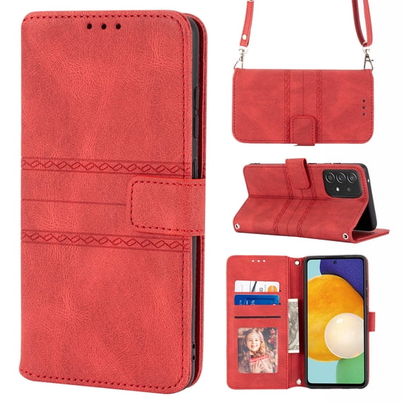 TECH CIRCLE for Samsung Galaxy A53 5G Wallet Case with Card Holder and Adjustable Detachable Crossbody Lanyard, PU Leather Kickstand Shockproof Flip Cover Case, Red