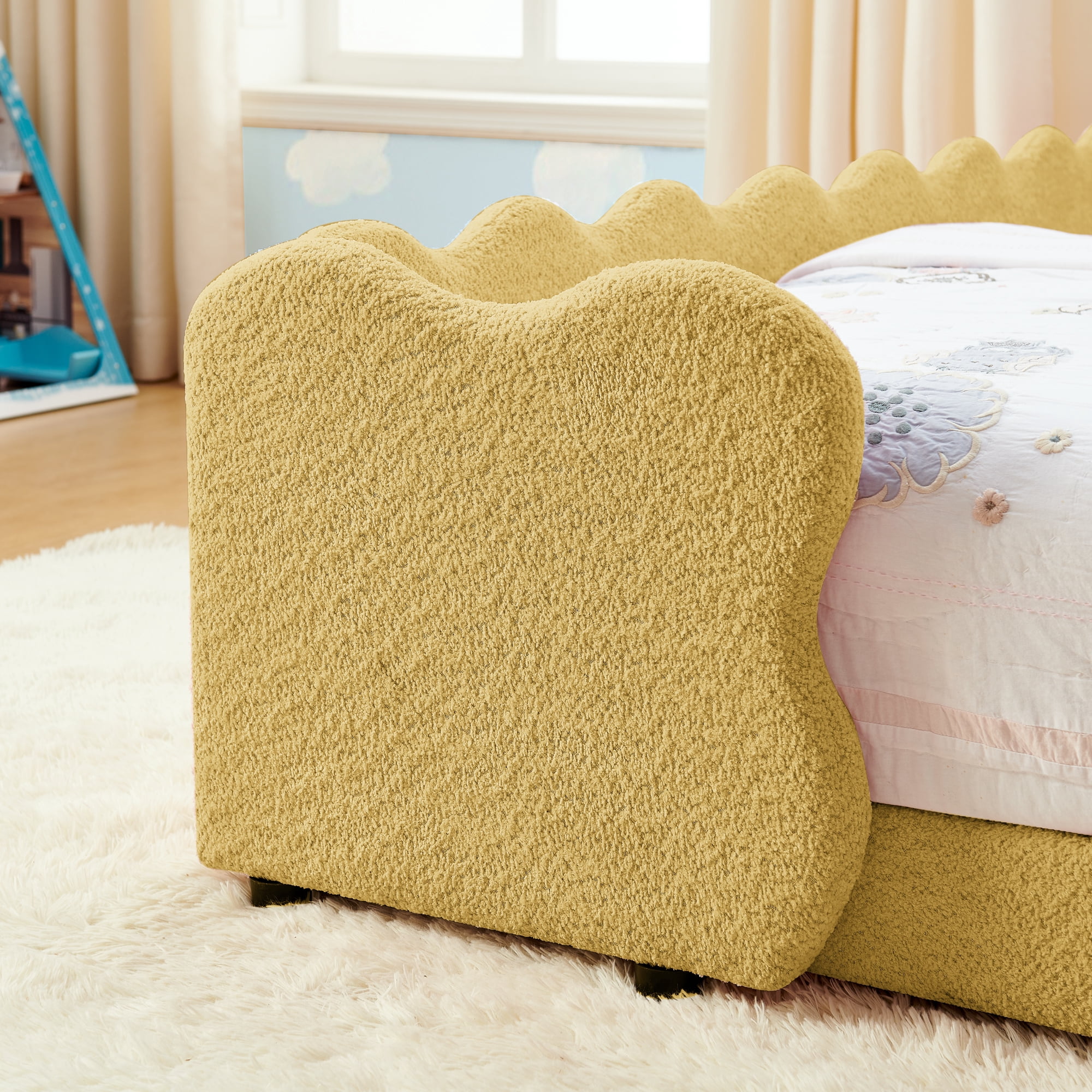 Avobird Twin Size Cute Dinosaur-Shaped Kids Bed with Safety Guardraild, Solid Wood Toddler Bed Frame for Children for Bedroom, Boucle Fabric, Yellow
