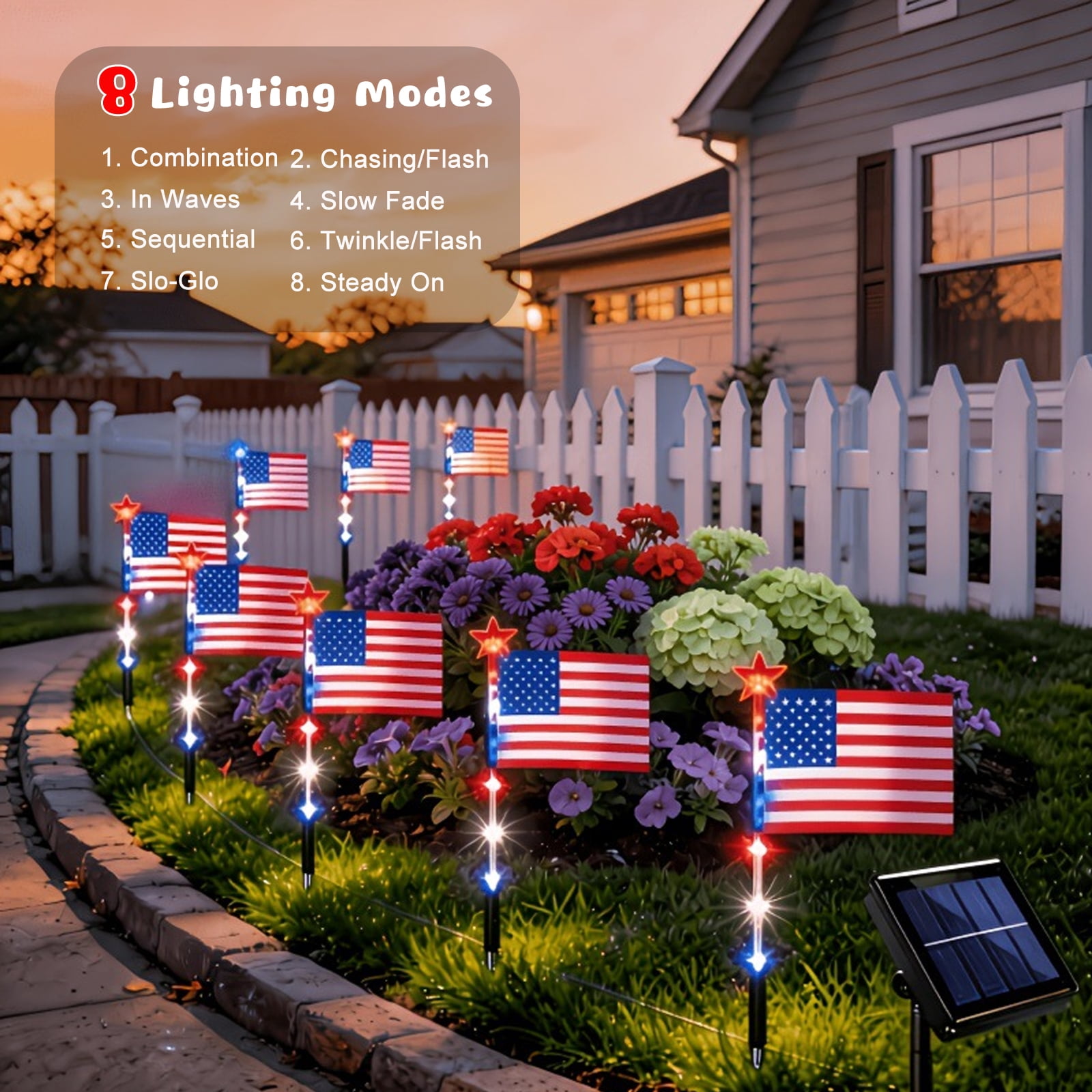 4th of July Decor Outdoor, 8 Pack US Flag Solar Garden Lights with Red White and Blue Lights & 8 Modes, Patriotic Lights Outdoor Waterproof for Fourth of July Independence Day Memorial Day