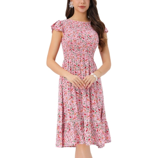 INSPIRE CHIC Vestidos de Mujer con Mangas Cortas, Vestido Midi Floral de Primavera y Verano, Color Rosa Polvoriento, Talla S