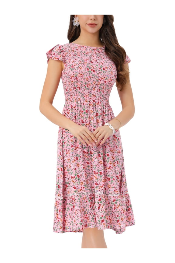 Women's Dresses Cap Sleeves Smocked Floral Spring Summer Midi Sundress Dusty Pink XL