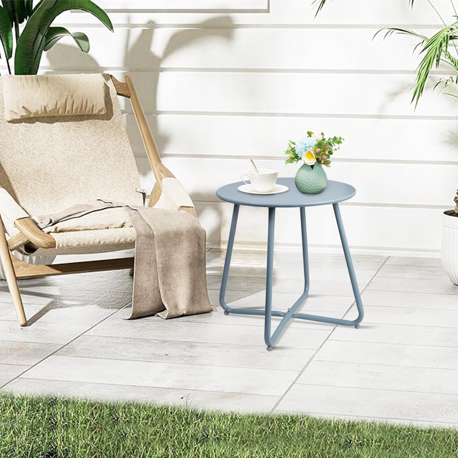 CERBIOR Metal Tray End Table, Round Accent Coffee Side Table, Anti-Rust and Waterproof Outdoor Small Side Table, Indoor Modern Sofa Side Table Bedside Table for Living Room Bedroom Balcony (Blue)